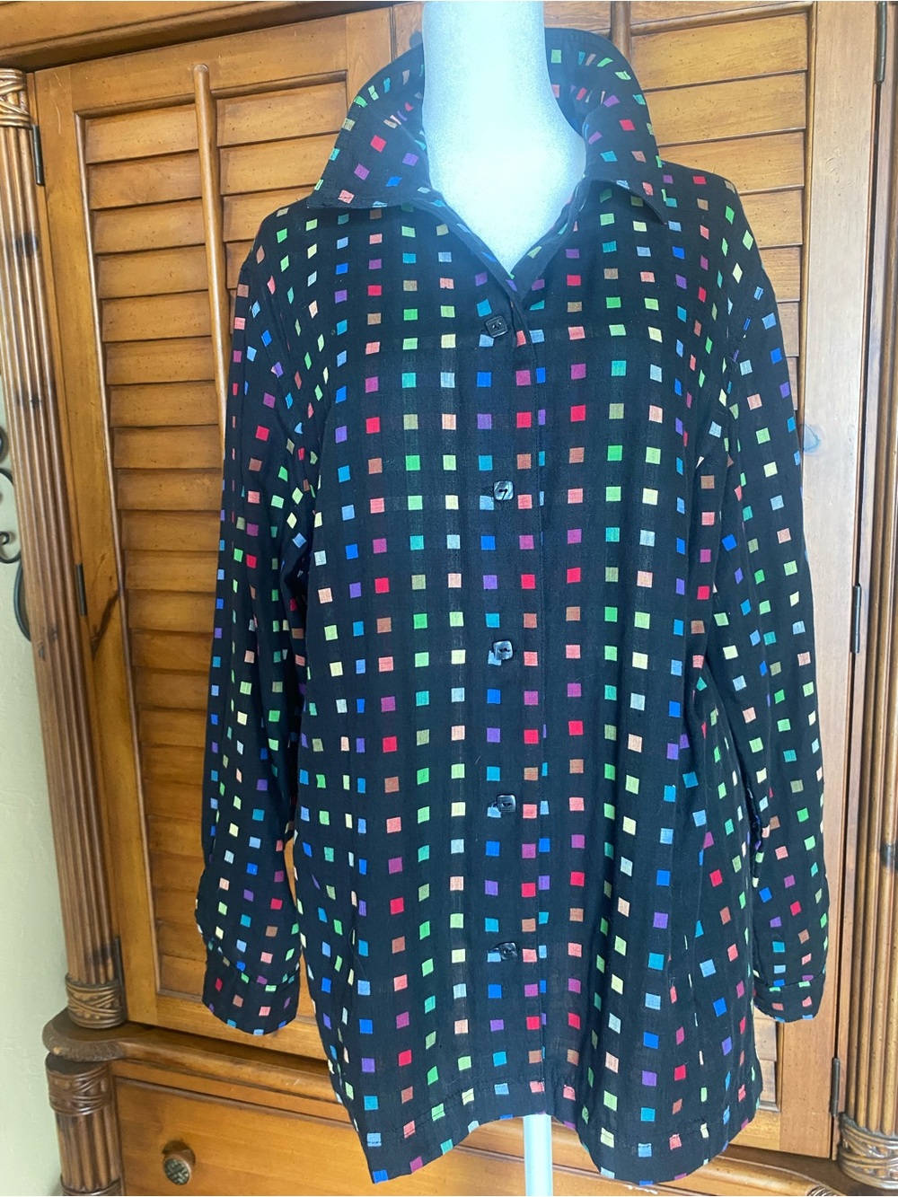 Southern Lady Black Button-Down Shirt with Multicolor Square Print